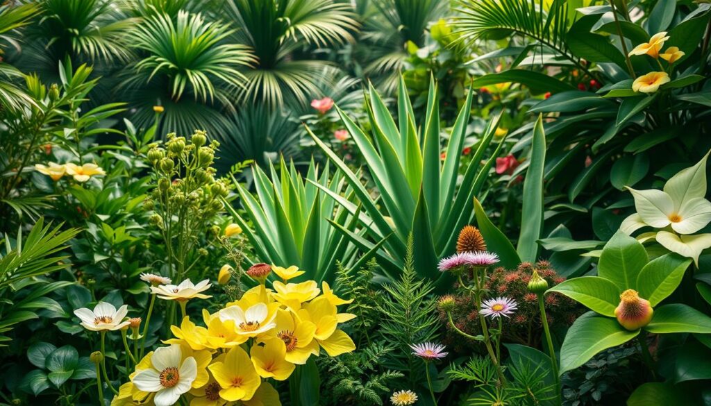 A lush, verdant botanical scene showcasing an array of vibrant plants, their leaves and flowers in shades of emerald, jade, and chartreuse. The foreground features a diverse selection of flora native to the letter 'A', including Anemones, Azaleas, and Asters, their delicate petals and intricate structures captured in meticulous detail. In the middle ground, towering Agave plants and Aloe vera specimens lend a majestic, architectural presence, while the background depicts a harmonious blend of Areca palms, Aspidistra, and Anthurium, creating a serene, natural atmosphere. The lighting is warm and diffused, casting a gentle, ethereal glow over the scene, and the camera angle is slightly elevated, allowing the viewer to appreciate the stunning composition and the inherent beauty of these 'A' plants.