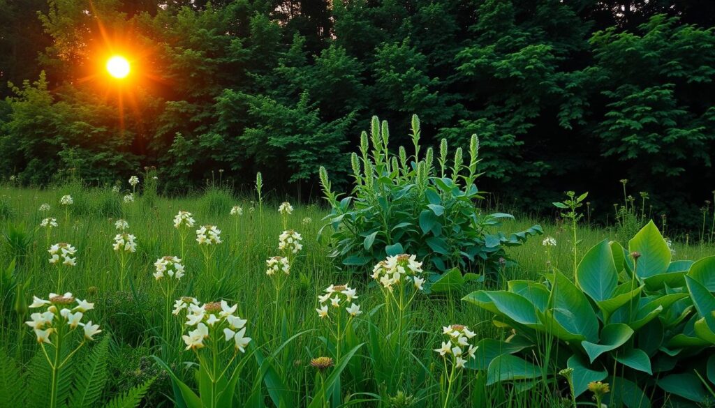 A lush, verdant meadow under a warm, golden-hour sun. In the foreground, a vibrant array of flowers in varying shades of green, from delicate ferns to robust leafy plants. In the middle ground, a cluster of sturdy, emerald-hued plants with distinctive shapes and textures, their leaves rustling gently in a soft breeze. In the background, a dense, towering forest, its dense canopy casting a serene, dappled light across the scene. The overall atmosphere is one of tranquility, inviting the viewer to explore and discover the diversity of the plant kingdom, with a particular focus on those beginning with the letter 'C'.
