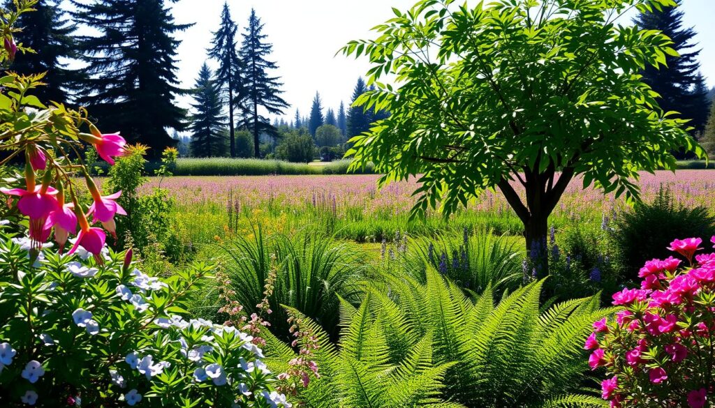 A lush, vibrant garden scene featuring a diverse array of plants with the letter "F" in their names. In the foreground, a cluster of fragrant, flamboyant flowers - fuchsias, forget-me-nots, and frilly ferns sway gently in a soft, natural light. The middle ground showcases a flourishing ficus tree, its broad, fan-like leaves casting dappled shadows on the ground below. In the background, a field of flowering flax plants stretches towards a horizon marked by the silhouettes of towering, majestic fir trees. The overall atmosphere is one of peaceful tranquility, inviting the viewer to immerse themselves in the beauty and wonder of the natural world.