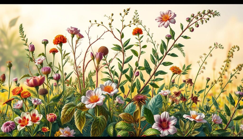An intricately detailed botanical illustration depicting a lush and diverse array of plant specimens, each representing a distinct species beginning with the letter 'B'. The foreground showcases a vibrant array of blossoms, buds, and foliage, their intricate textures and rich hues rendered with meticulous precision. The middle ground features a variety of branching stems, leaves, and stalks, showcasing the natural forms and structures of these botanical wonders. In the background, a softly blurred, naturalistic setting provides a serene and contemplative backdrop, allowing the focus to remain on the captivating plant life. Lighting is warm and diffused, casting gentle shadows and highlights that accentuate the depth and dimensionality of the scene. The overall composition is balanced and harmonious, inviting the viewer to explore and appreciate the beauty and diversity of these 'B' plants.