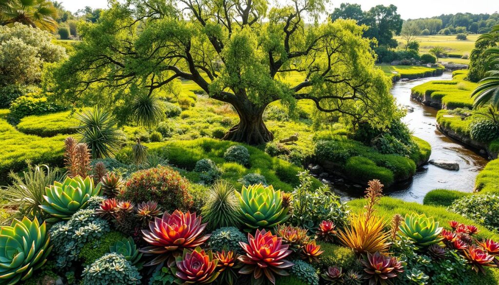 A captivating botanical scene showcasing a lush array of plants on the letter 'S'. In the foreground, an assortment of succulents and shrubs, their vibrant colors and textured leaves radiating under soft, natural lighting. The middle ground features a stately sycamore tree, its branches casting dappled shadows across the verdant undergrowth. In the background, a serene stream meanders through the landscape, its tranquil surface reflecting the surrounding foliage. The overall composition evokes a sense of serenity and wonder, inviting the viewer to explore the diverse and fascinating world of plants.