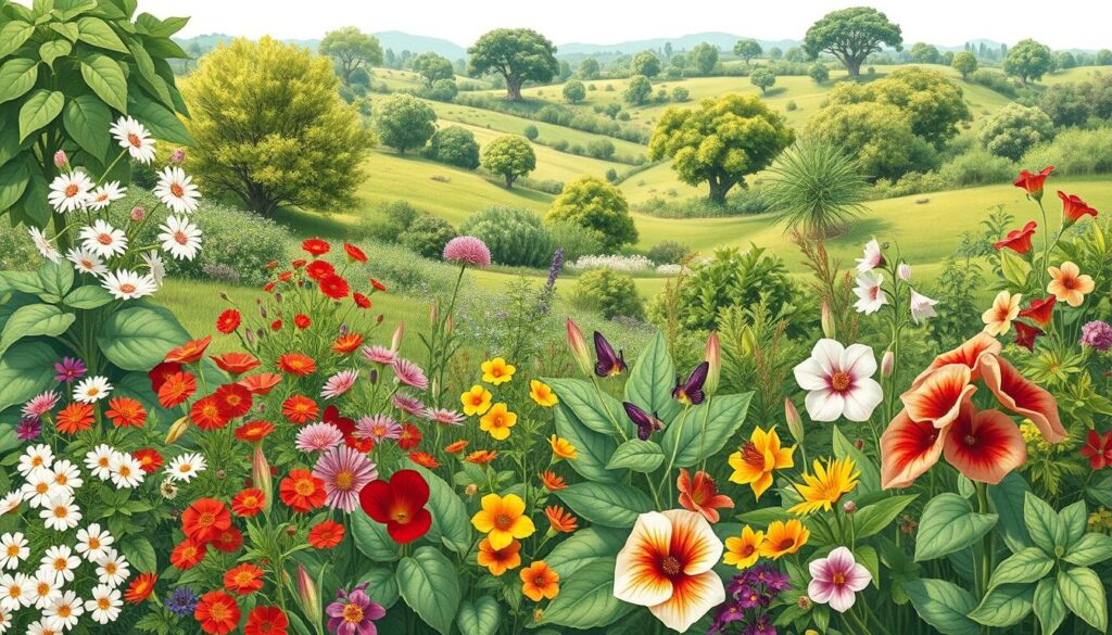 A lush, botanical illustration featuring a diverse array of plants starting with the letter 'N'. In the foreground, a vibrant arrangement of nemophila, nasturtiums, and nandina. The middle ground showcases the intricate foliage and blooms of different nightshade varieties. In the background, a verdant landscape with an assortment of native trees and shrubs, including nyssa and nothofagus. The lighting is soft and diffused, casting gentle shadows and highlighting the textures and colors of the plants. The overall composition has a naturalistic, hand-painted aesthetic, inviting the viewer to explore the fascinating world of 'N' plants.