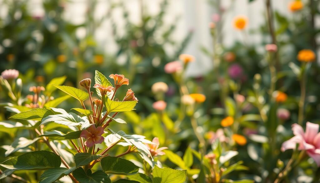 A lush, verdant botanical illustration showcasing the introduction of a plant that begins with the letter K. The foreground features the plant in vibrant detail, its leaves and flowers rendered with photorealistic precision under soft, diffused lighting. The middle ground depicts the plant's natural habitat, with a subtle, blurred background of complementary flora and fauna. The composition is balanced, drawing the viewer's eye to the central subject. Warm, earthy tones predominate, creating an inviting, naturalistic atmosphere. The overall effect is one of scientific study and appreciation for the beauty of the natural world.