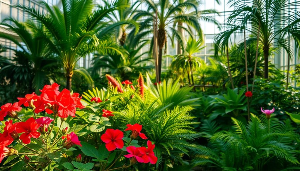 A lush, verdant greenhouse filled with a diverse array of plants on display. In the foreground, a vibrant array of flowering red geraniums, their petals gently swaying in the soft breeze. In the middle ground, a variety of ferns and leafy plants in shades of green, creating a layered and textured visual interest. The background reveals towering palm trees, their fronds casting dappled shadows across the scene. Sunlight streams through the glass walls, illuminating the space with a warm, golden glow, evoking a sense of tranquility and wonder. The composition is balanced and harmonious, inviting the viewer to explore the diverse world of plants, with a focus on those beginning with the letter 'R'.