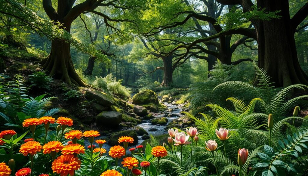 A lush, verdant tableau of diverse flora showcasing the wonders of the plant kingdom. In the foreground, a vibrant array of botanicals emblematic of the letter "M" - marigolds, magnolias, and maidenhair ferns sway gently in a soft, natural light. The middle ground reveals a tranquil woodland setting, where mossy boulders and meandering streams create a serene, enchanting atmosphere. In the background, towering deciduous trees provide a stately, verdant canopy, casting dappled shadows that lend depth and dimension to the scene. The overall composition evokes a sense of reverence and appreciation for the natural world, inviting the viewer to explore and discover the captivating diversity of plants.