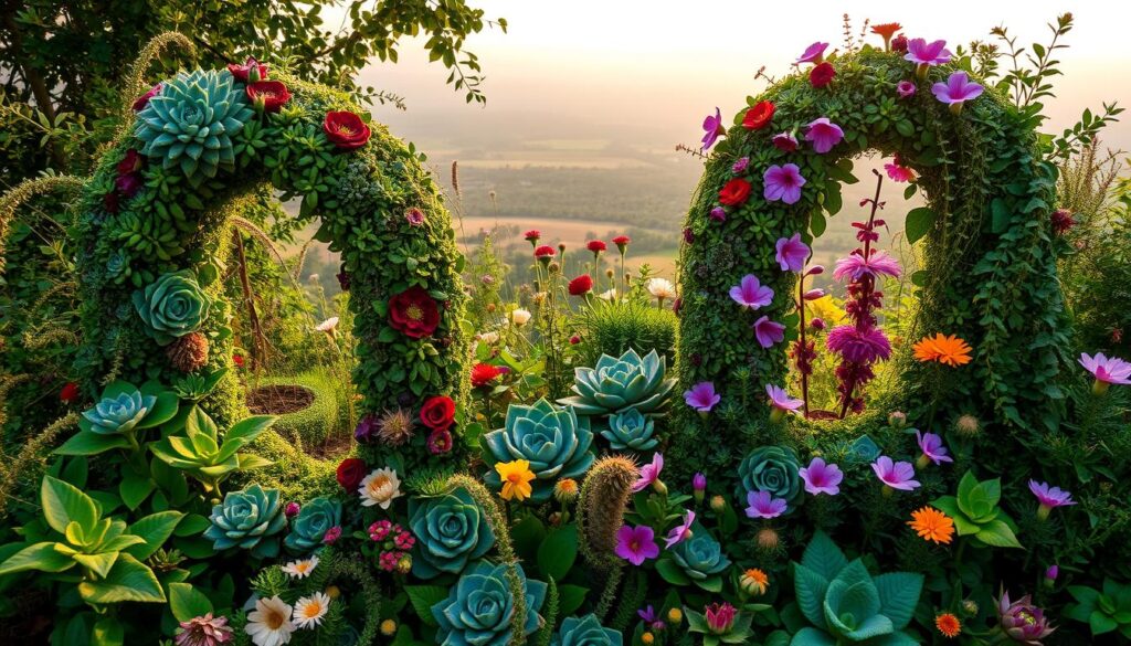 A lush, vibrant garden filled with an array of plants and flowers, each with a distinct shape and color that forms the letters 'O'. The foreground showcases a variety of leafy greens, intricate petals, and delicate stems, all coming together to create a visually captivating display. The middle ground features a mix of succulent rosettes, trailing vines, and bold blooms, while the background introduces a soft, hazy landscape with a warm, golden glow. Captured through a wide-angle lens, the image conveys a sense of harmony and natural beauty, perfectly embodying the essence of "Wprowadzenie do roślin na literę O".