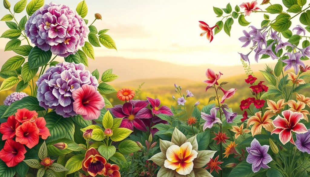 A serene botanical illustration showcasing a variety of plants starting with the letter "H". In the foreground, lush, detailed renderings of hydrangeas, hibiscus, and hellebores in vibrant hues. The middle ground features a harmonious arrangement of hostas, heucheras, and hemerocallis, their foliage creating a tapestry of textures. In the background, a softly blurred, dreamy landscape with a hint of hills and a warm, golden-hour lighting. The overall composition exudes a sense of natural tranquility, inviting the viewer to explore the enchanting world of "H" plants. A serene botanical illustration showcasing a variety of plants starting with the letter "H". In the foreground, lush, detailed renderings of hydrangeas, hibiscus, and hellebores in vibrant hues. The middle ground features a harmonious arrangement of hostas, heucheras, and hemerocallis, their foliage creating a tapestry of textures. In the background, a softly blurred, dreamy landscape with a hint of hills and a warm, golden-hour lighting. The overall composition exudes a sense of natural tranquility, inviting the viewer to explore the enchanting world of "H" plants.