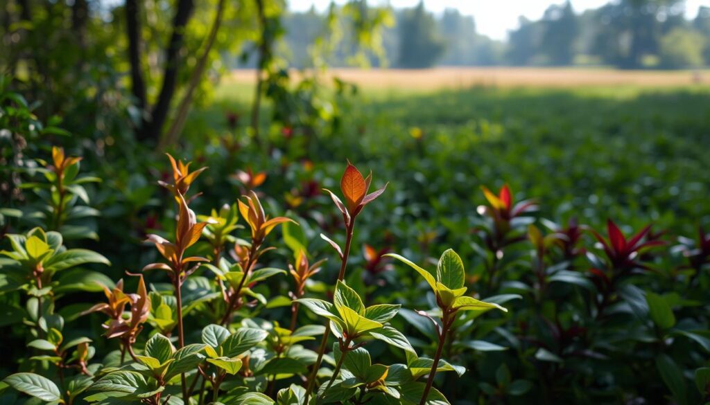 A serene garden setting, filled with lush, vibrant foliage in hues of green, yellow, and deep crimson. The focal point is a collection of plants with leaves in the shape of the letter 'J', their delicate forms bathed in soft, natural lighting that casts long, elegant shadows across the scene. In the background, a blurred expanse of verdant undergrowth and the distant silhouettes of towering trees, creating a sense of depth and tranquility. The overall composition is balanced and harmonious, inviting the viewer to explore the diverse and captivating world of plants with the letter 'J'.