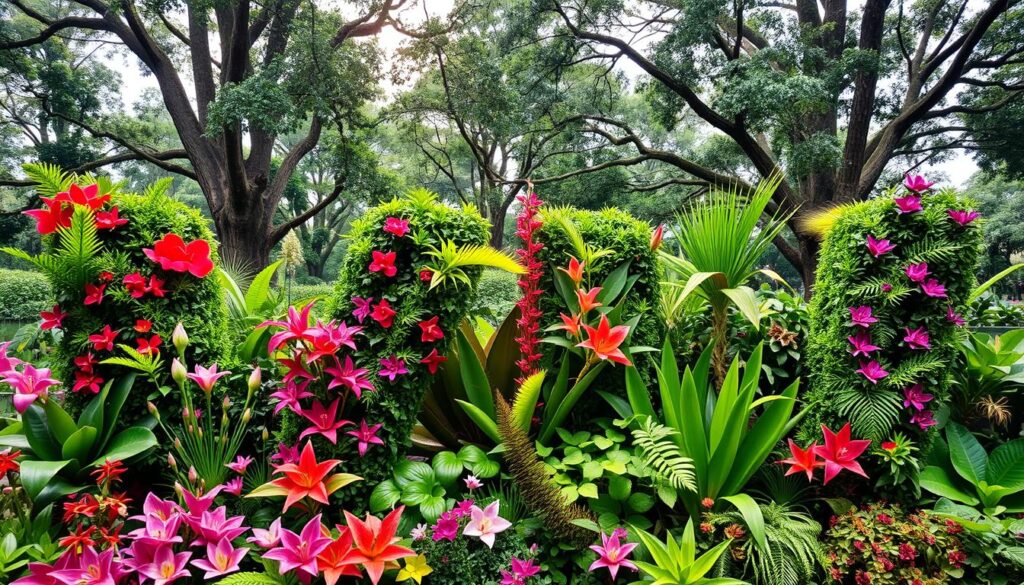 A lush, verdant display of plants and foliage, each specimen meticulously detailed and arranged to form the letters "W". The foreground features a vibrant assortment of flowering plants, their petals unfurling in a symphony of colors - vivid reds, delicate pinks, and rich purples. The middle ground showcases a variety of leafy greens, from broad-leaved palms to intricate ferns, creating a sense of depth and layering. In the background, a soft, diffused light filters through a canopy of towering trees, casting a warm, natural glow over the entire scene. The overall composition evokes a sense of wonder and exploration, inviting the viewer to delve deeper into the enchanting world of plants that begin with the letter "W".