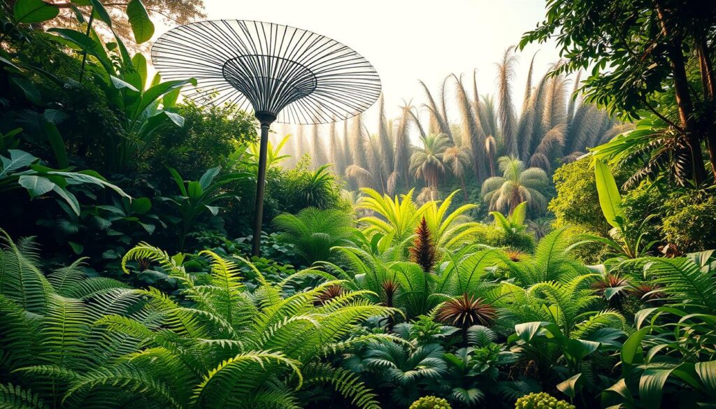A verdant tableau showcasing an array of plants and foliage, all beginning with the letter 'U'. In the foreground, a vibrant undergrowth of unfurling ferns and untamed uva-ursi plants, their delicate leaves casting gentle shadows. The middle ground features a striking umbrella tree, its broad canopy providing a natural focal point. Towering in the background, a majestic, undulating line of unidentified, yet captivating, unearthly flora, bathed in warm, ethereal lighting that imbues the scene with a sense of tranquility and wonder. The overall composition evokes a lush, untamed botanical sanctuary, inviting the viewer to explore the diverse and intriguing world of 'U' plants.
